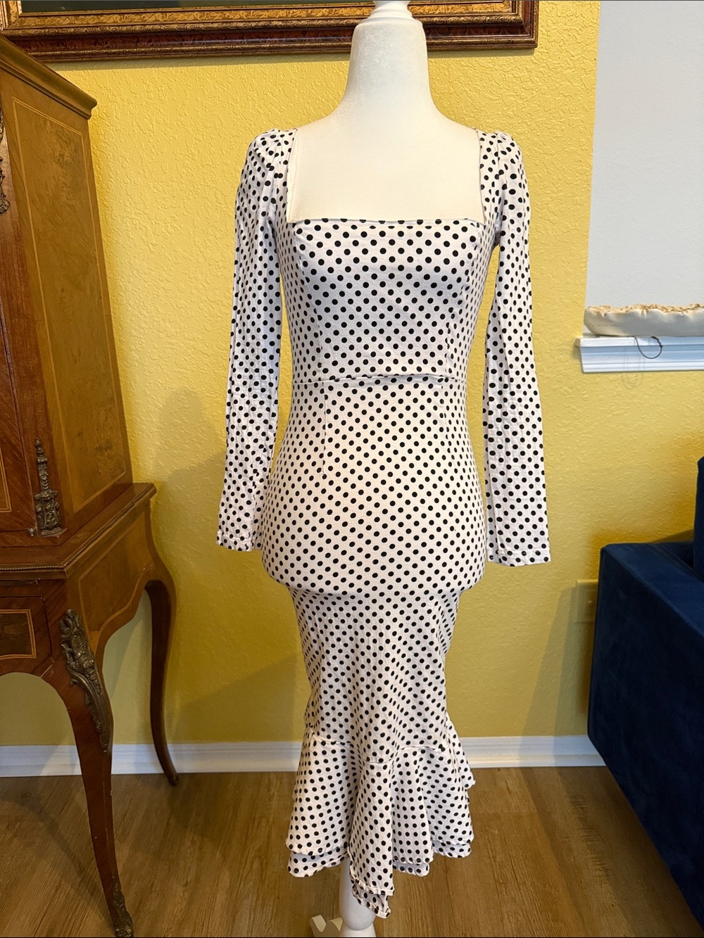 White and Black Polka Dot Long Sleeve Midi Dress
